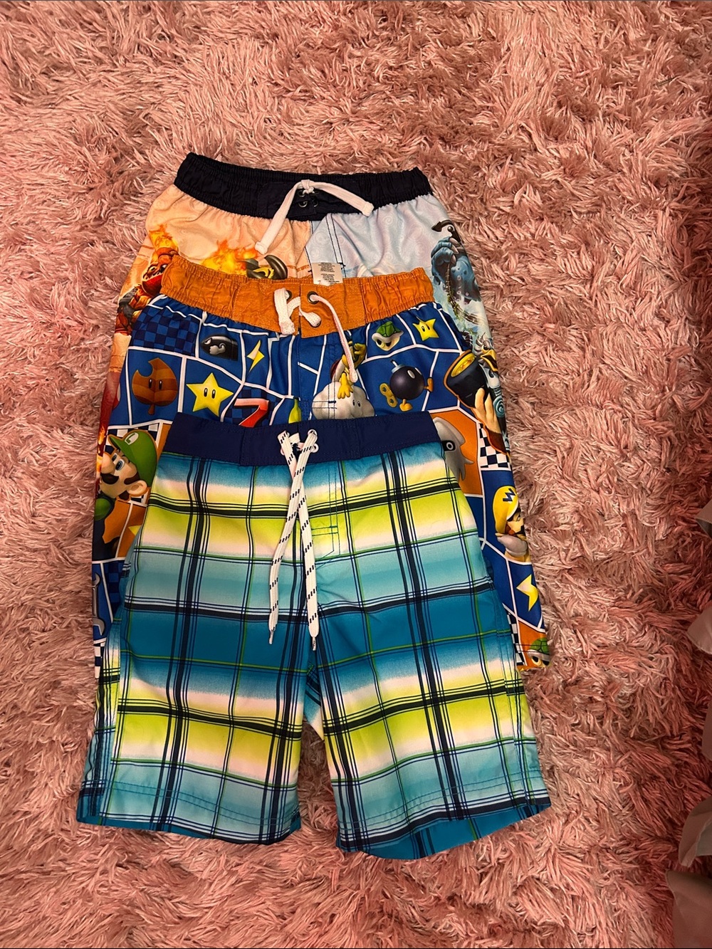 3 pair of 7/8 Blue & Green Plaid Kids Swim Shorts